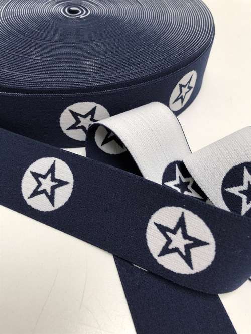 Blød elastik til undertøj -  4 cm i marine blå med lys cirkel stjerne